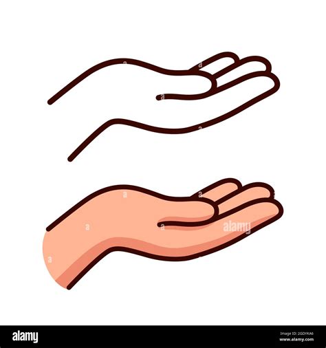 Empty hand holding gesture. Black and white line icon and color drawing ...