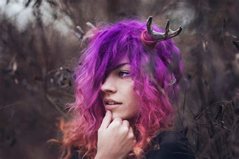 multicolored hair, women outdoors, stags, purple hair, horns, dyed hair, women, antlers, pink ...