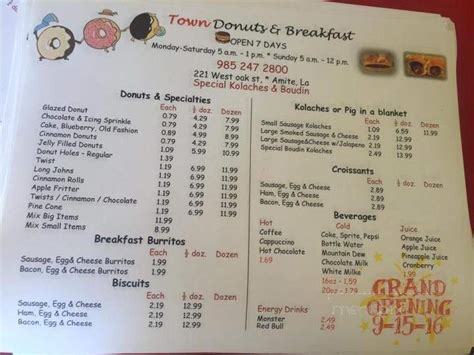 Menu of Town Donuts & Breakfast in Amite City, LA 70422