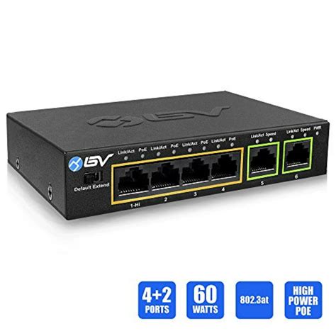 BV-Tech 4 Port PoE+ Switch with 2 Ethernet Uplink and Extend Function - 60W - 802.3at + 1 High ...