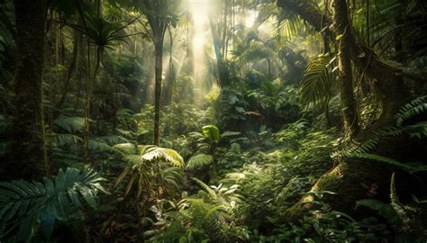 Tropical rainforest ferns grow in lush greenery generated by AI ...