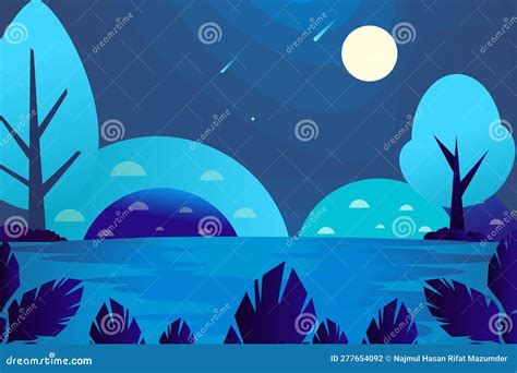 Night River View Landscape Vector Illustration with Colorful Trees, River and Moon Background ...