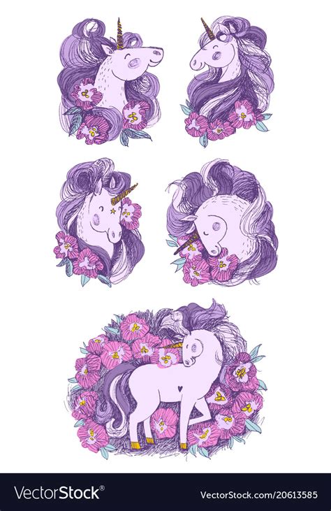 Unicorn with flowers set hand drawn Royalty Free Vector