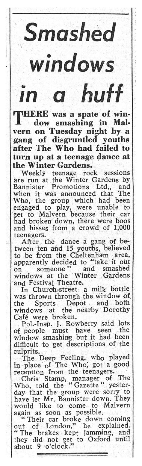 Newspaper cutting from the Malvern Gazette about The Who's cancelled gig at Malvern Winter ...