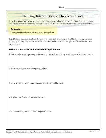 How to Write a Thesis Statement Worksheet Activity