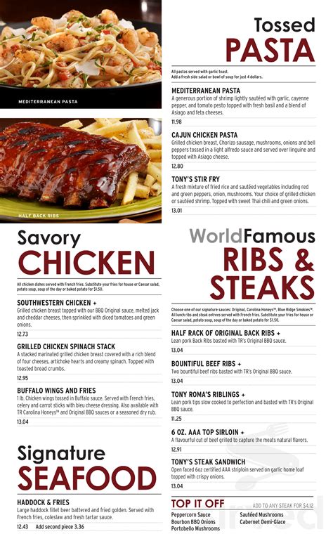 Tony Roma's menu in Winnipeg, Manitoba, Canada