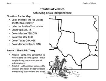 Treaty of Velasco (1836) Map & Primary Source Activity / Texas Revolution