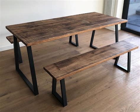 Oak Pine Industrial Reclaimed Rustic Wood Steel Metal Kitchen Dining Table Benches - Free ...