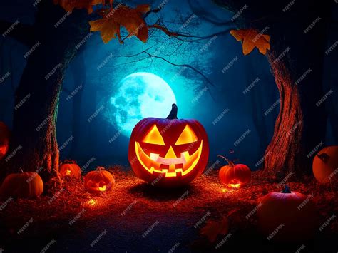 Premium AI Image | halloween vibe magical glowing forest with a bright glowing moon in the ...