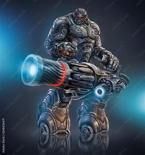 Alien cyborg transformer holding fiery gun concept illustration Stock ...