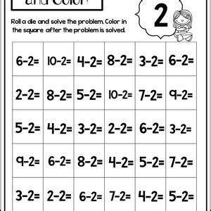 10 Printable Roll, Subtract, and Color Worksheets. Numbers 1-10. Preschool-1st Grade Math. - Etsy