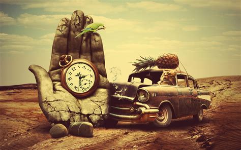 car, Old Car, Hand, Clocks, Birds, Parrot, Cat, Pineapples, Smoke, Desert, Animals, Surreal ...