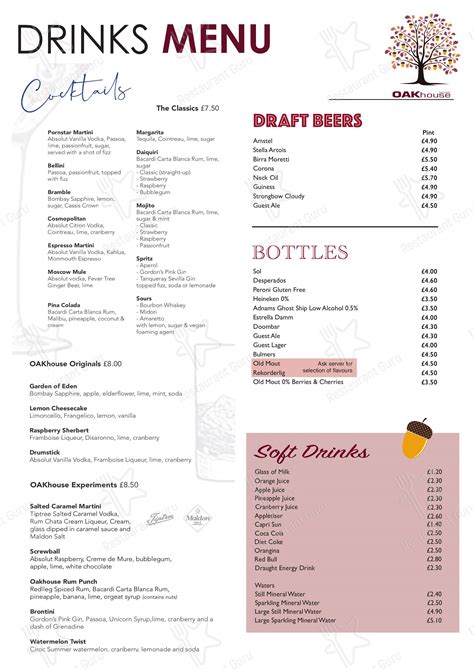 Menu at Oakhouse pub & bar, Maldon