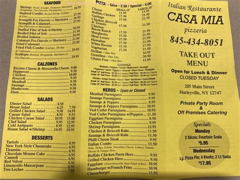 Menu at Casa Mia pizzeria, Hurleyville