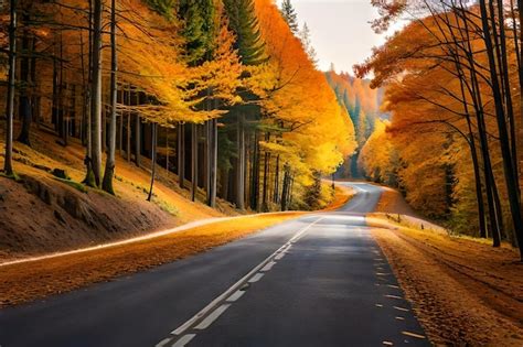 Premium AI Image | A road with a yellow tree on the left side