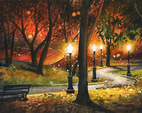 Park at Night ORIGINAL WATERCOLOR PAINTING Autumn Landscape - Etsy