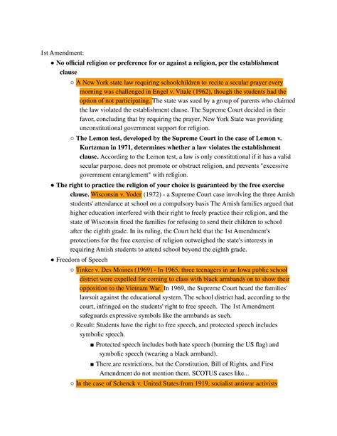 Unit 3 1st Amendment - 1st Amendment: No official religion or preference for or against a - Studocu