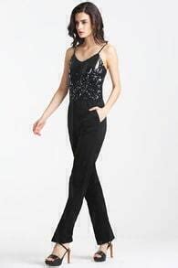 Black Spaghetti Strap Sequined Jumpsuit -SheIn(Sheinside)