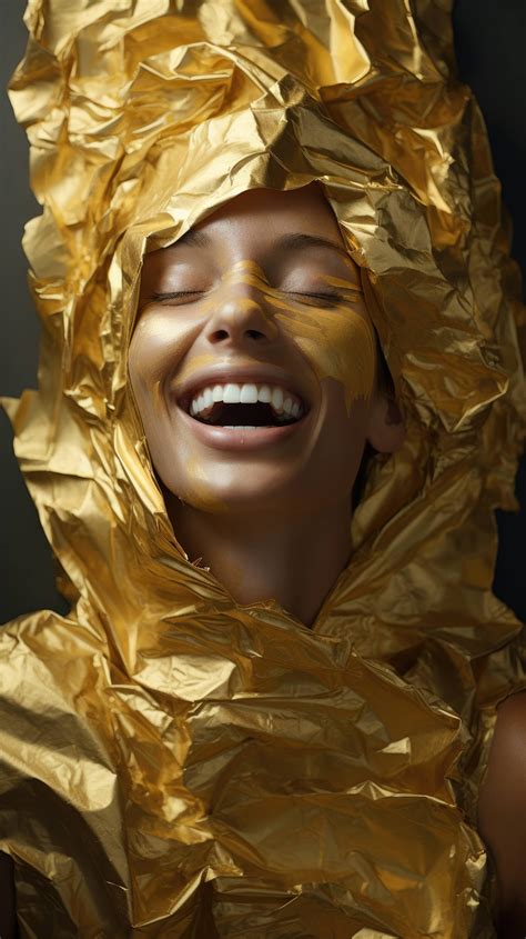 A laughing face, textures of crumpled gold foil and soft silk, capturing the transient yet ...