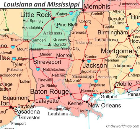 Map of Louisiana and Mississippi - Ontheworldmap.com