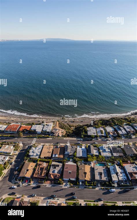 Aerial of Pacific Palisades beach houses in Los Angeles California ...