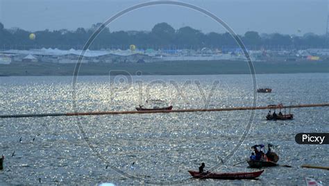 Image of Tourists Boats On River Triveni Sangam At Prayagraj During ...