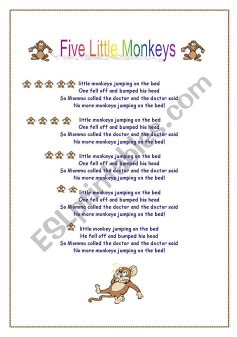 Five little monkeys song lyrics - ESL worksheet by phrallis