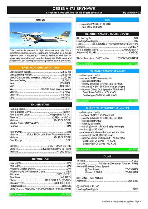 Cessna C172 - JDs Comprehensive Checklist & Procedures for Microsoft Flight Simulator | MSFS