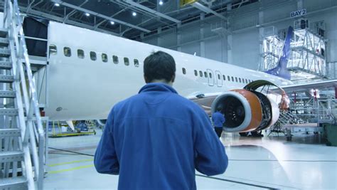 Aircraft Maintenance Mechanic In Blue Uniform Is Walking To Greet His Colleague Who Is Checking ...