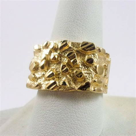 Solid 14K Yellow Gold Mens Nugget Ring Diamond Cut Heavy Wide Face ...