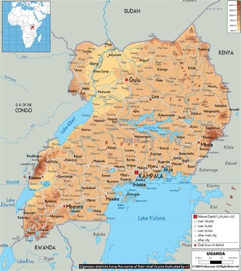 Large physical map of Uganda with roads, cities and airports | Uganda ...