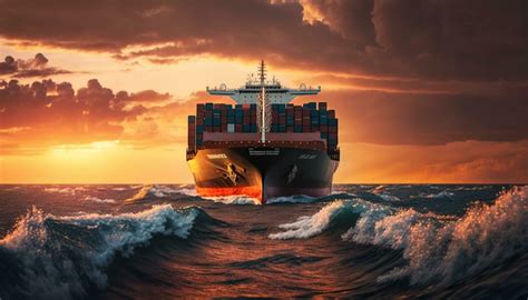 Cargo ship transporting containers at sunset on high seas 24063416 Stock Photo at Vecteezy