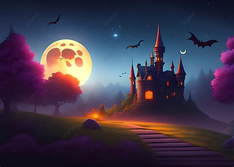 Haunted House On A Scary Moon Halloween Background With Graveyard And Castle Scene, Haunted ...