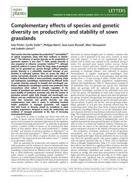 (PDF) Complementary effects of species and genetic diversity on productivity and stability of ...