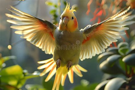 Colorful Cockatiel Mid-flight, Wings Spread Wide at Home. the Room with ...