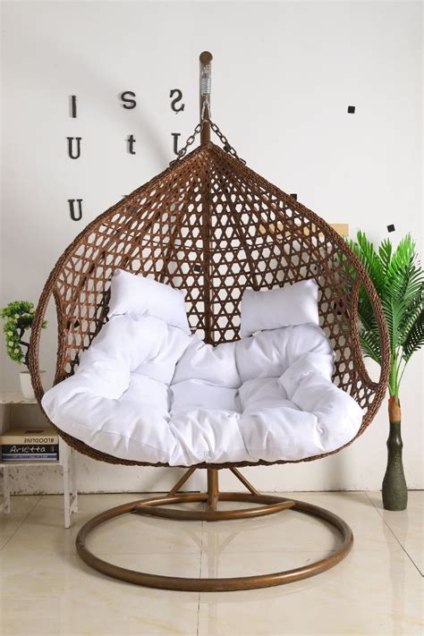 Double Seat Hanging Egg Chair Luxury Model - Brown Basket & White Cush – Egg Chairs Australia