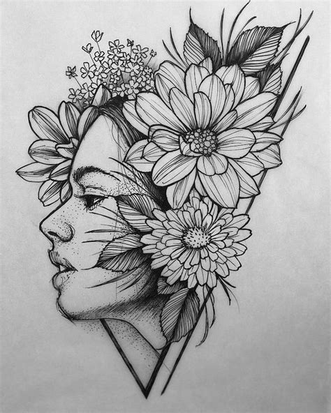 step-by-step-drawing-woman-surrounded-by-flowers-black-and-white-pencil-sketch-white-backg ...