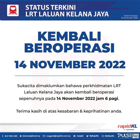 RapidKL: LRT Kelana Jaya line resumes full operations from 14 Nov, free travel for 7 days ...