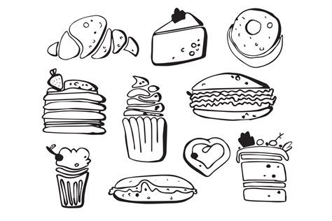 Hand drawn sweets, dessert and candies set. Ice cream, cake, donut ...