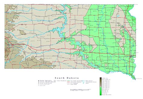 Large detailed elevation map of South Dakota state with roads, highways ...