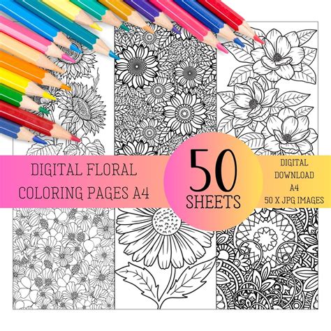 50 Coloring Pages, Flower Coloring Pages, Flowers, Color It Yourself, Coloring, Drawing, Digital ...