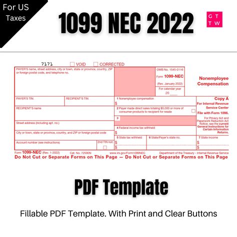 1099 NEC Editable PDF Fillable Template 2022 Prints up to 30 - Etsy Australia