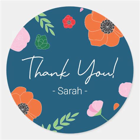 Blue with Vibrant flowers Personalized Thank you Classic Round Sticker ...