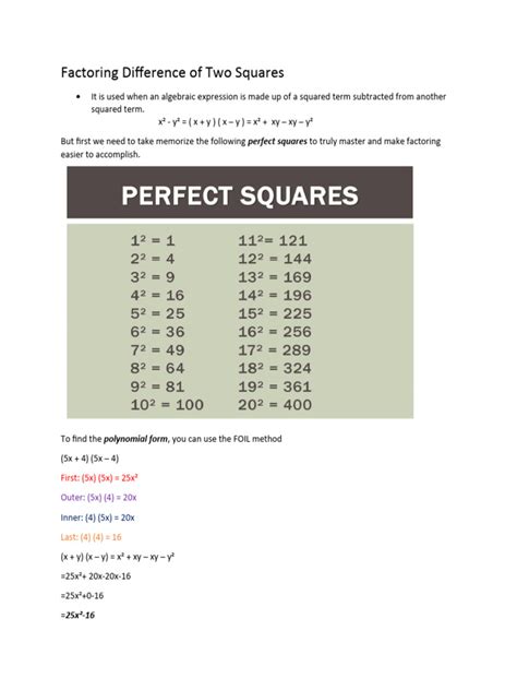 Factoring Difference of Two Squares | PDF