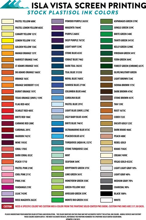 Ink Color Chart — Isla Vista Screen Printing & Embroidery