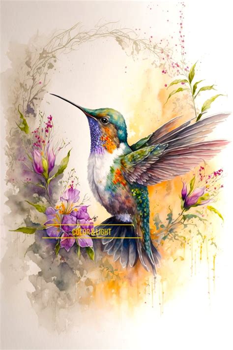 Hummingbird Art Colorful Watercolor Downloadable Print Home Decor Bird ...