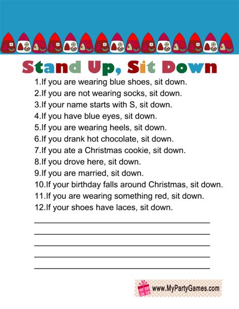 Free Printable Christmas Stand up, Sit down Game | Free christmas games, Christmas games, Fun ...