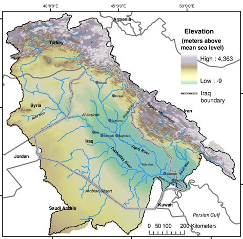 Map of Tigris Euphrates River System, including country boundaries and ...