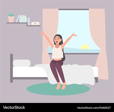 Wake up early concept happy girl get out bed Vector Image