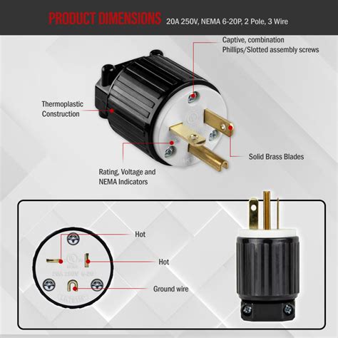 20A/250V Straight Blade Plug, NEMA 6-20P | TOPGREENER